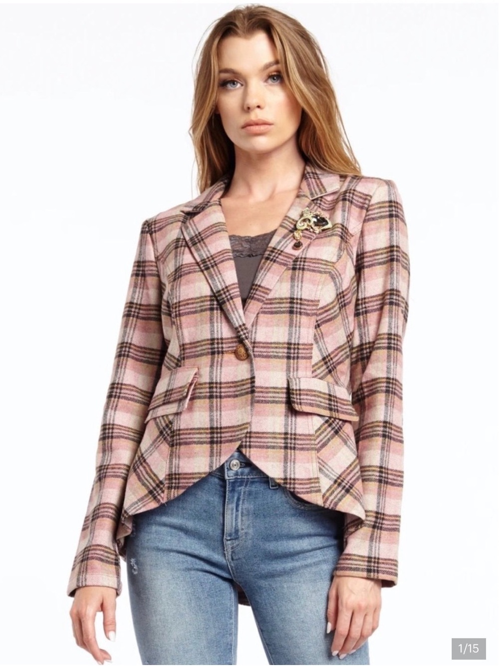 Lk New ARATTA pink brown plaid wool blazer M